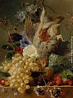 Spring Canvas Paintings - Grapes Strawberries Chestnuts an Apple and Spring Flowers
